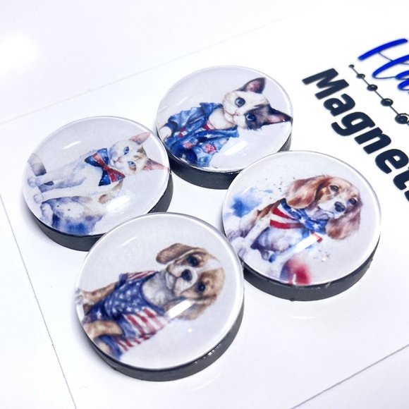 Set of 4 Glass Patriotic Cats & Dogs Magnets - Refrigerator Kitchen Whiteboard - Picture 3 of 3